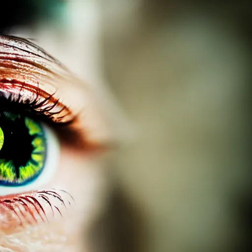 Image similar to very closeup shot, bokeh, photo of an city inside girls' eye iris , award winning shot