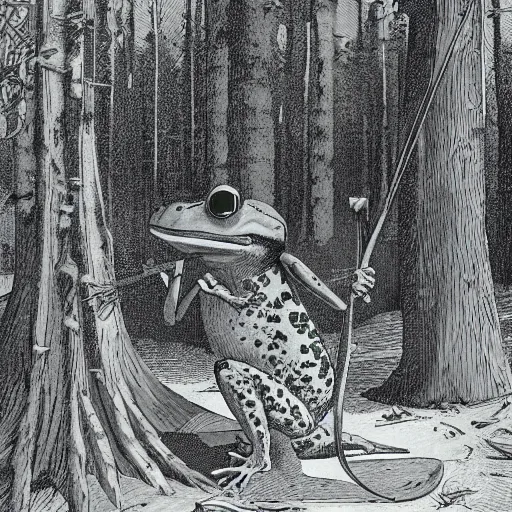 Prompt: frog with bucket hat squatting in the forest. plane in the sky far away. artwork by moebius, georges de la tour