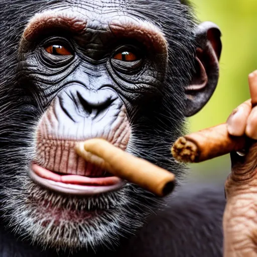 Image similar to a high detail closeup shot of a chimp wearing a suit and smoking a cigar