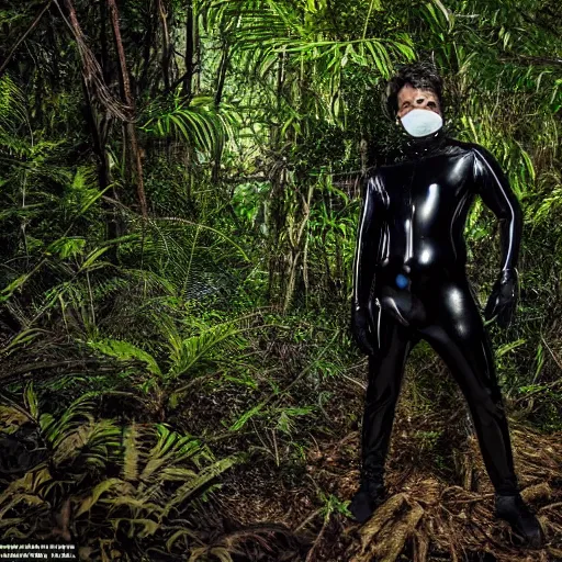 Image similar to national geographic photo, a man wearing a black shiny latex suit including pants and a shirt and mask crawling through dense jungle underbrush, night photo,