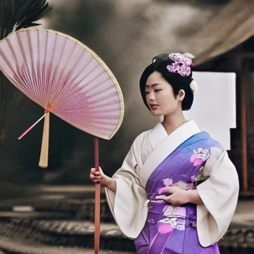 Image similar to Japanese geisha with beautiful violet paper fan, 4k photography, 30 mm lens, cinematic light, warm atmosphere, in style of Kar Wai Wong, cigarette smoke trail