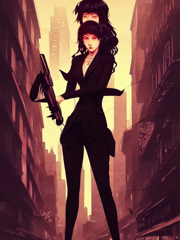 Prompt: full body picture of a mafia madam in the night city, bored, beautiful and aesthetic, intricate, unreal engine, messy hair, highly detailed, detailed face, smooth, sharp focus, chiaroscuro, manga illustration, artgerm, greg rutkowski, ilya kuvshinov, rossdraws, alphonse mucha, young adult light novel cover art