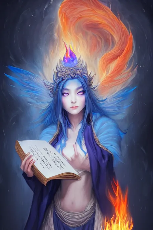 Image similar to gorgeous!!! hyper - realstic kitsune sorceress, holding a tattered magical book, casting a flame spell, blue flames | drawn by wlop, drawn by jeehyung lee, drawn by artgerm | fantasy, dark, intricate, highly detailed, digital painting, character design, concept art, illustration, artstation