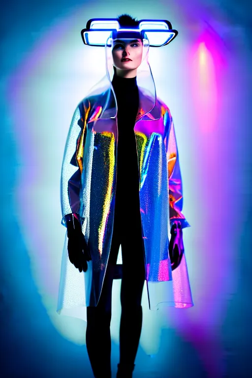 Image similar to an ultra high definition professional high fashion portrait studio full length photograph of a model wearing a transparent pearlescent raincoat and neon visor in an icelandic black rock environment at dawn. no artefacts. extremely detailed. stark. refraction. shallow depth of field. volumetric light and shadow. ray tracing. light rays.