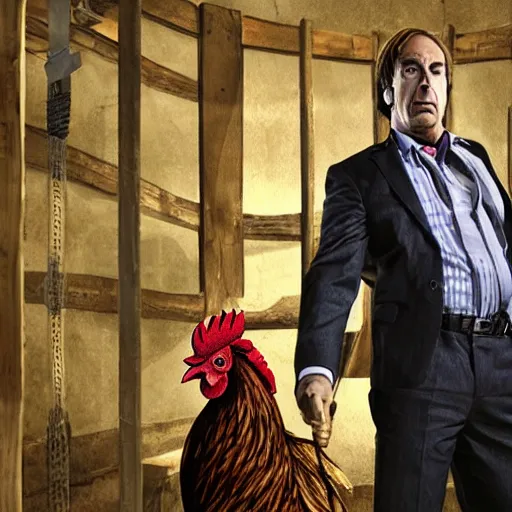 Prompt: saul goodman and a rooster in a saw movie torture chamber, torture devices in the background, saul goodman, rooster, photo