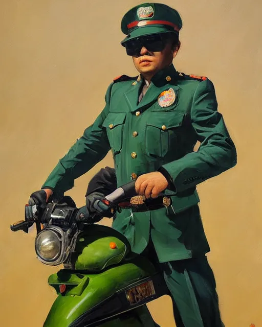 Image similar to greg manchess portrait painting of asian police green uniform, sitting on moped motorbike, medium shot, asymmetrical, profile picture, organic painting, sunny day, matte painting, bold shapes, hard edges, street art, trending on artstation, by huang guangjian and ail elvgren and sachin teng