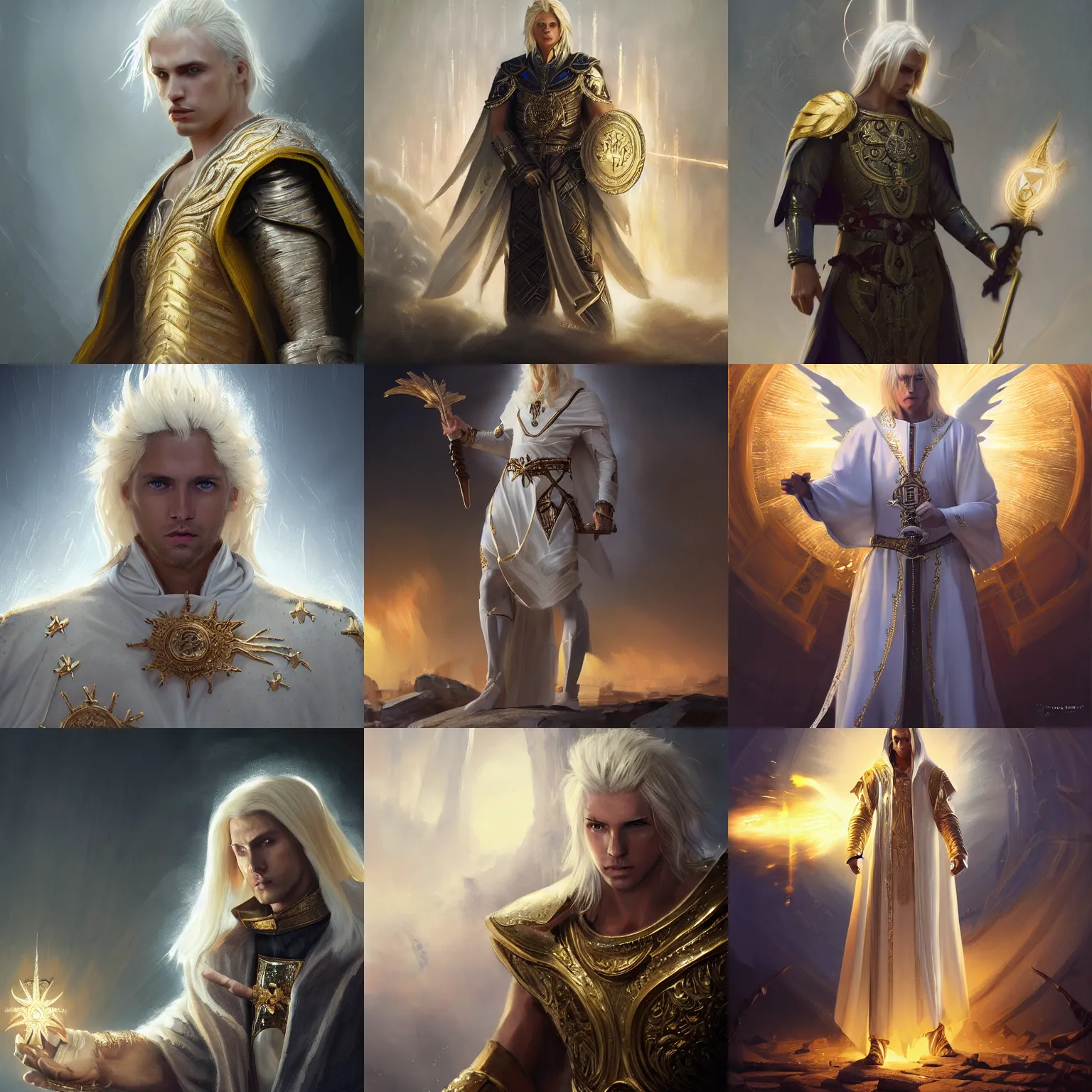 Prompt: masterpiece Greg Rutkowski closeup of an aasimar man with platinum blonde hair wearing white and gold vestments under armor casting a holy ritual with golden magic on a battlefield, detailed, dynamic pose realistic, 4k, pensive, dungeons and dragons, dramatic lighting, trending on Artstation, sharp focus, elegant