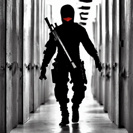 Prompt: ninja mercenary acrobat with red glasses and black wraps in concrete brutalisim monochrome world warehouse facility hallway holding guns accurately