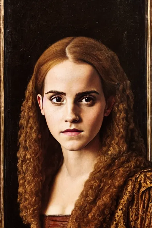 Prompt: stunning portrait of emma watson, oil painting by jan van eyck, northern renaissance art, oil on canvas, wet - on - wet technique, realistic, expressive emotions, detailed textures, illusionistic detail