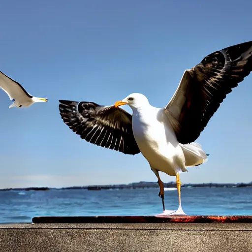 Image similar to a photo still of steven seagal as a seagull at the pier next to the ocean, anthropomorphized