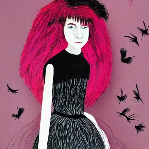 Image similar to little girl with an pink bizarre haircut wearing an dress made of black feathers, artwork made in art style ilya kushinov