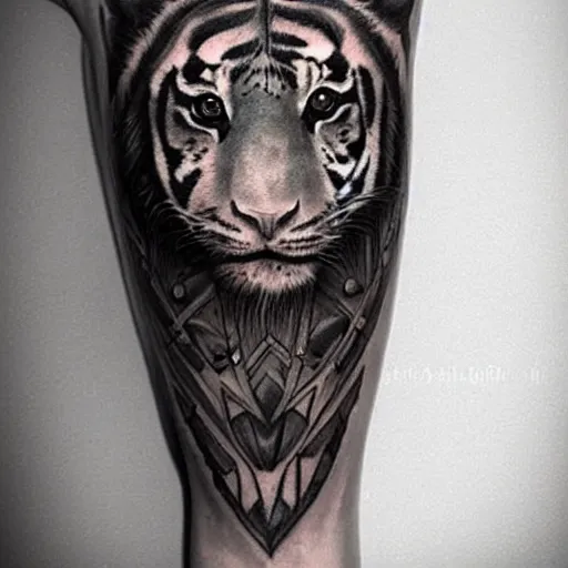 Prompt: ! dream a realistic tattoo design of a beautiful warrior woman below a tiger head, highly detailed