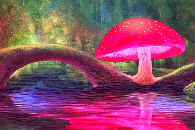 Image similar to a painting of giant mushrooms with lights next to a small bridge, flowing water, digital art, scenic, reds, purples, pink, reflections,