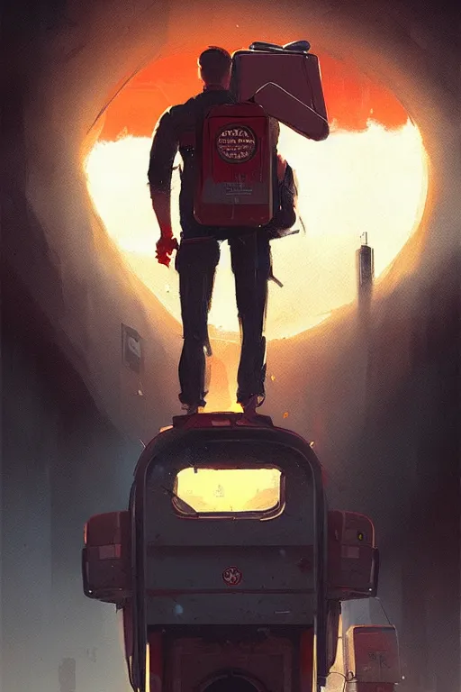 Prompt: greg rutkowski poster sci fi pizza delivery man