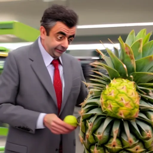 Image similar to rowan atkinson as mr. beans stealing a pineapple from target store, focused face, realistic photo, uhd