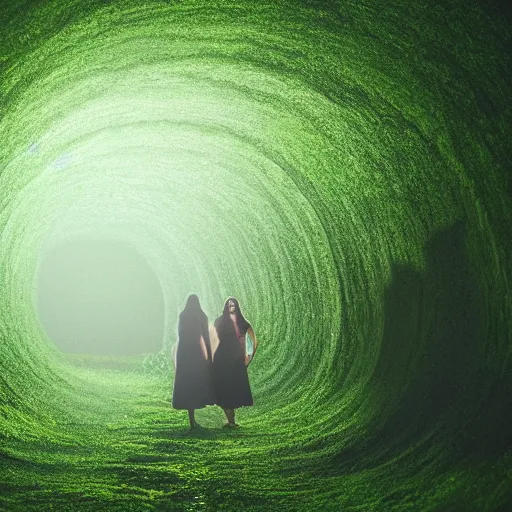 Image similar to sisters meet in dark lush tunnel, cinematic lighting, wispy clouds, positive dawn,