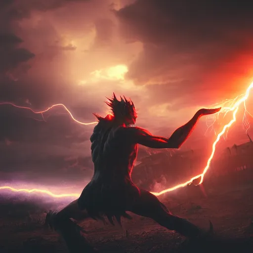 Image similar to a lightning demon fighting a shadow demon at the gates of hell, 8 k, shallow depth of field, moody lighting, ultra high detail, concept art,