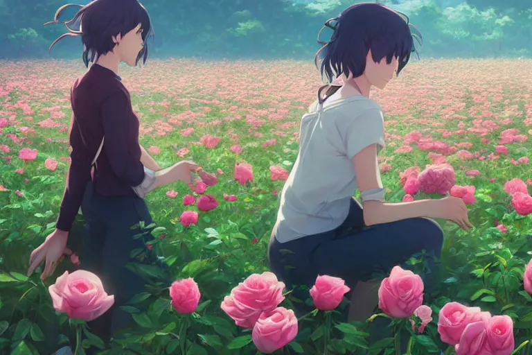 Image similar to girl picking flowers in a field of roses, scenic full shot, ambient lighting, detailed face, by makoto shinkai, stanley artgerm lau, wlop, rossdraws