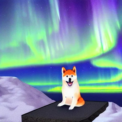 Prompt: shiba inu howling on top of a cliff. northern lights in the background. digital painting, award winning, high detail, high quality, 4 k, sharp and coherent, trending on artstation.