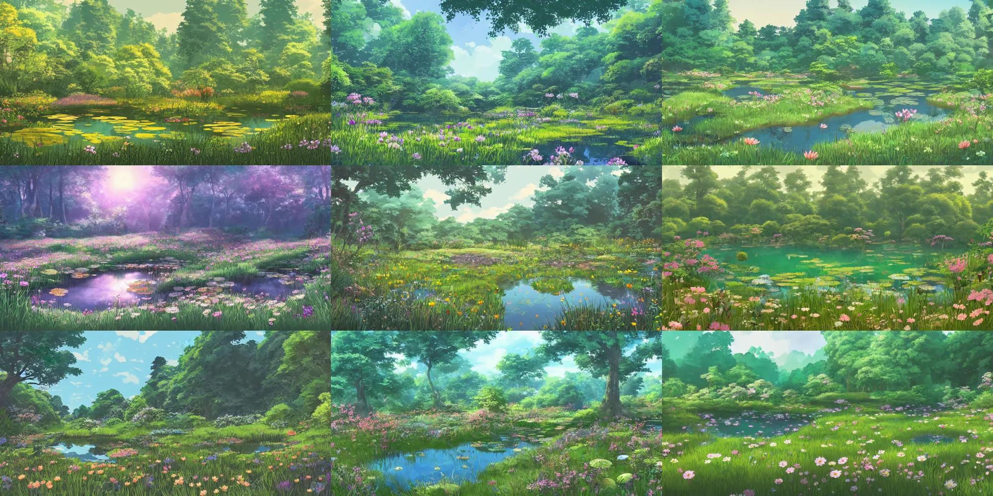 Prompt: flowery meadow with a pond and background forest, evening, highly detailed, low angle view, studio ghibli, artstation