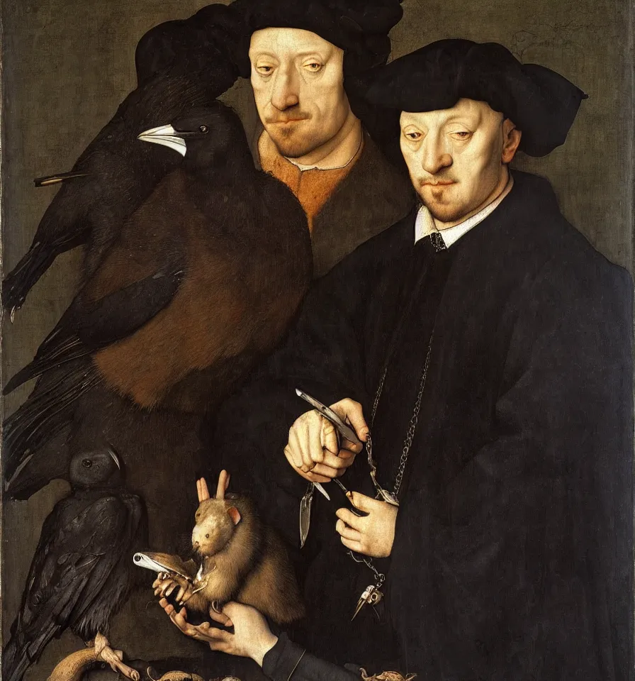 Prompt: painted portrait of a gloomy boy with a rat and a raven, 1 6 th century, hans holbein the younger, jan van eyck, gerit dou,