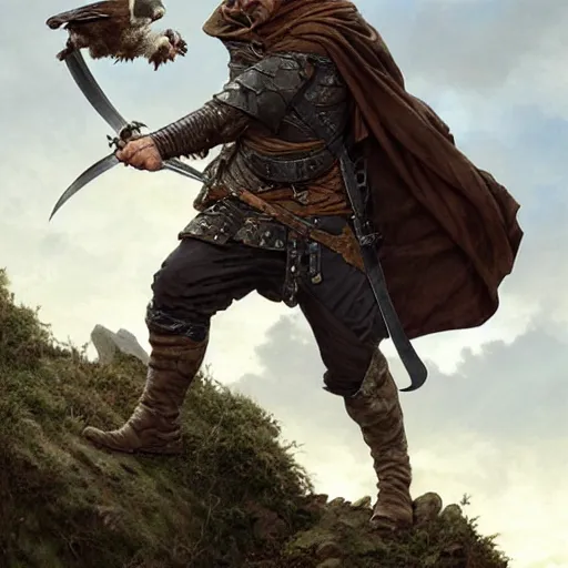 Image similar to rough middle age ranger with a falcon pet and a long sword, he is on top a cliff observing old ruins of a castle, elegant clothing, photorealistic render, matte patining, highly detailed, artstation, smooth, sharp focus, art by michael whelan, artgerm, greg rutkowski and alphonse mucha