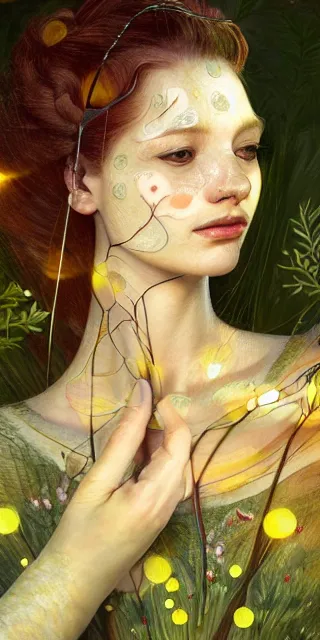 Image similar to young woman, serene smile, surrounded by golden firefly lights amidst nature, full covering intricate detailed dress, long red hair, precise linework, accurate green eyes, small nose with freckles, beautiful smooth oval shape face, empathic, expressive emotions, dramatic lights spiritual scene, hyper realistic ultrafine art by artemisia gentileschi, jessica rossier, boris vallejo