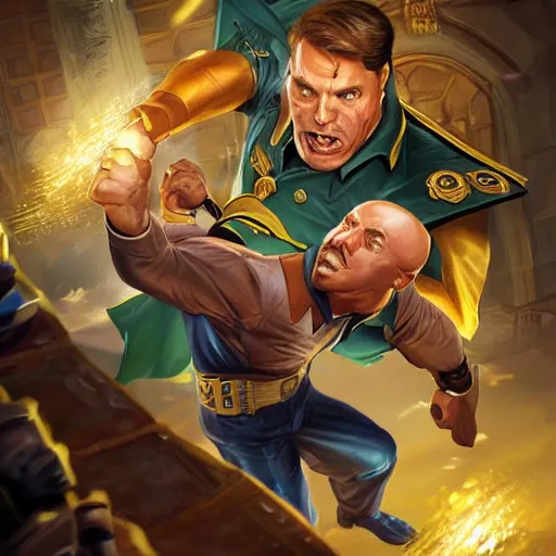 Prompt: presidente bolsonaro fighting against lex luthor. intricate, elegant, highly detailed, digital painting, artstation, concept art, sharp focus, illustration, by justin gerard and artgerm, 8 k