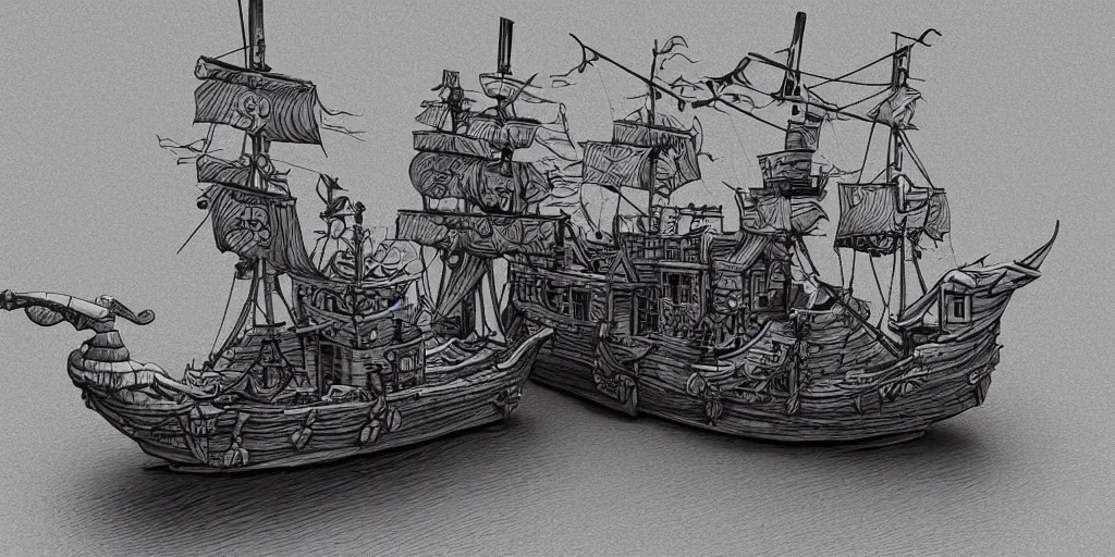 Prompt: a pirate ship, isometric view, hyper realistic, line art, drawing, sketching, illustration, kitbash 3 d, art by hebron ppg