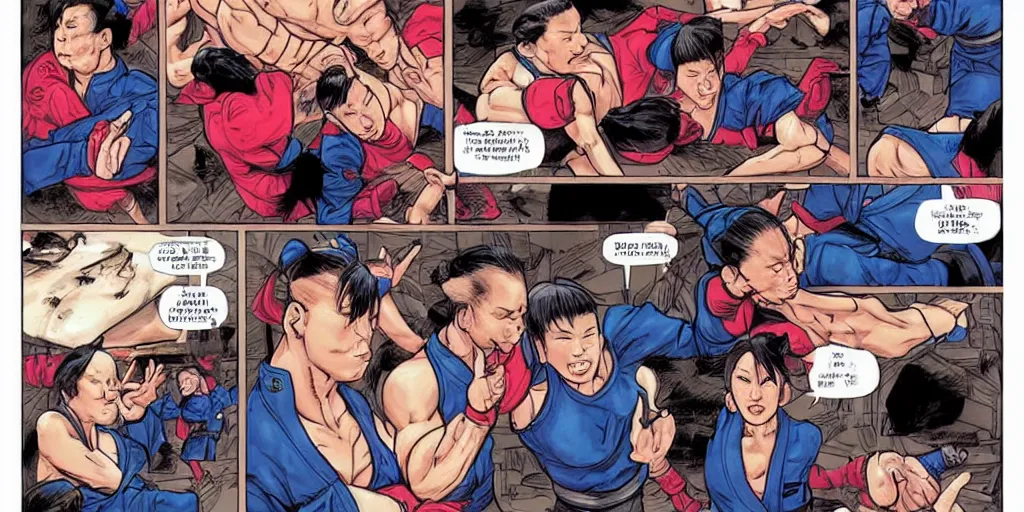 Prompt: Chun Li teaching Trump jujitsu. Epic painting by James Gurney and (Laurie Greasley).