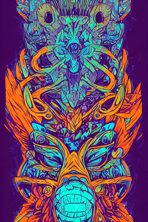 Image similar to animal mask totem roots flower tribal feather gemstone plant wood rock shaman vodoo video game vector cutout illustration vivid multicolor borderlands comics by josan gonzales and dan mumford radiating a glowing aura