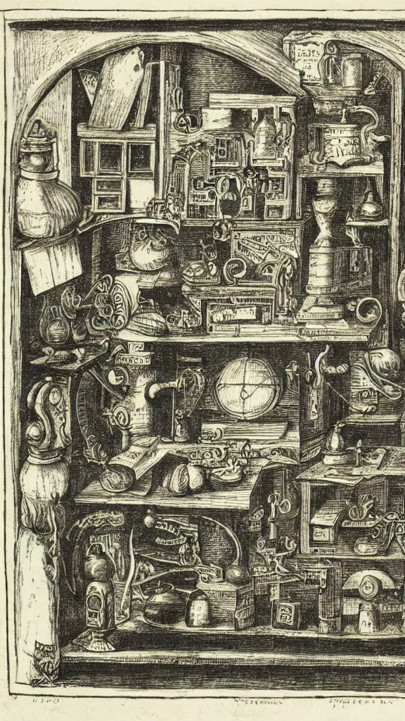 Prompt: esoteric etching print of an alchemists laboratory, amphitheatrum sapientiae aeternae, 1 5 9 5, kodachrome photo