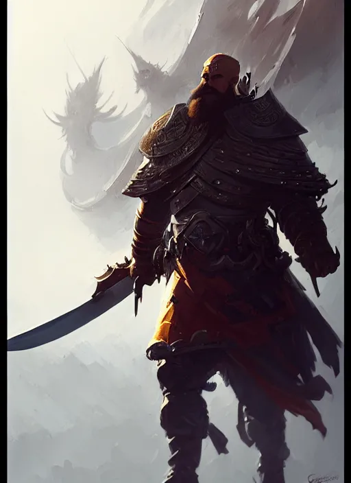 Image similar to epic bearded war commander with gigantic sword and large shield. highly detailed, digital painting, concept art, smooth, sharp focus, illustration, art by greg rutkowski