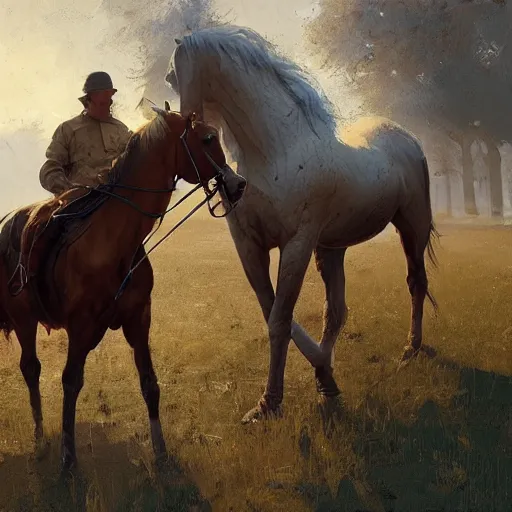 Prompt: a man carries a horse, hyperrealism, no blur, 4 k resolution, ultra detailed, style of ron cobb, adolf hiremy - hirschl, syd mead, ismail inceoglu, rene margitte