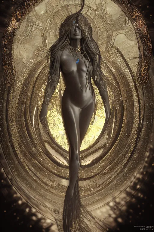 Image similar to a realistic dark photo of a beautiful metallic ancient alien woman goddess kate moss in jewelery and fractals in style of alphonse mucha art nuvo dmt trending on artstation made in unreal engine 4