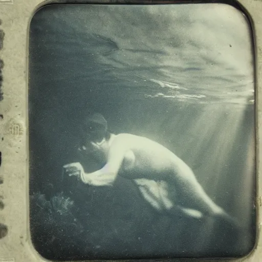 Prompt: tintype photo, underwater, lochness monster