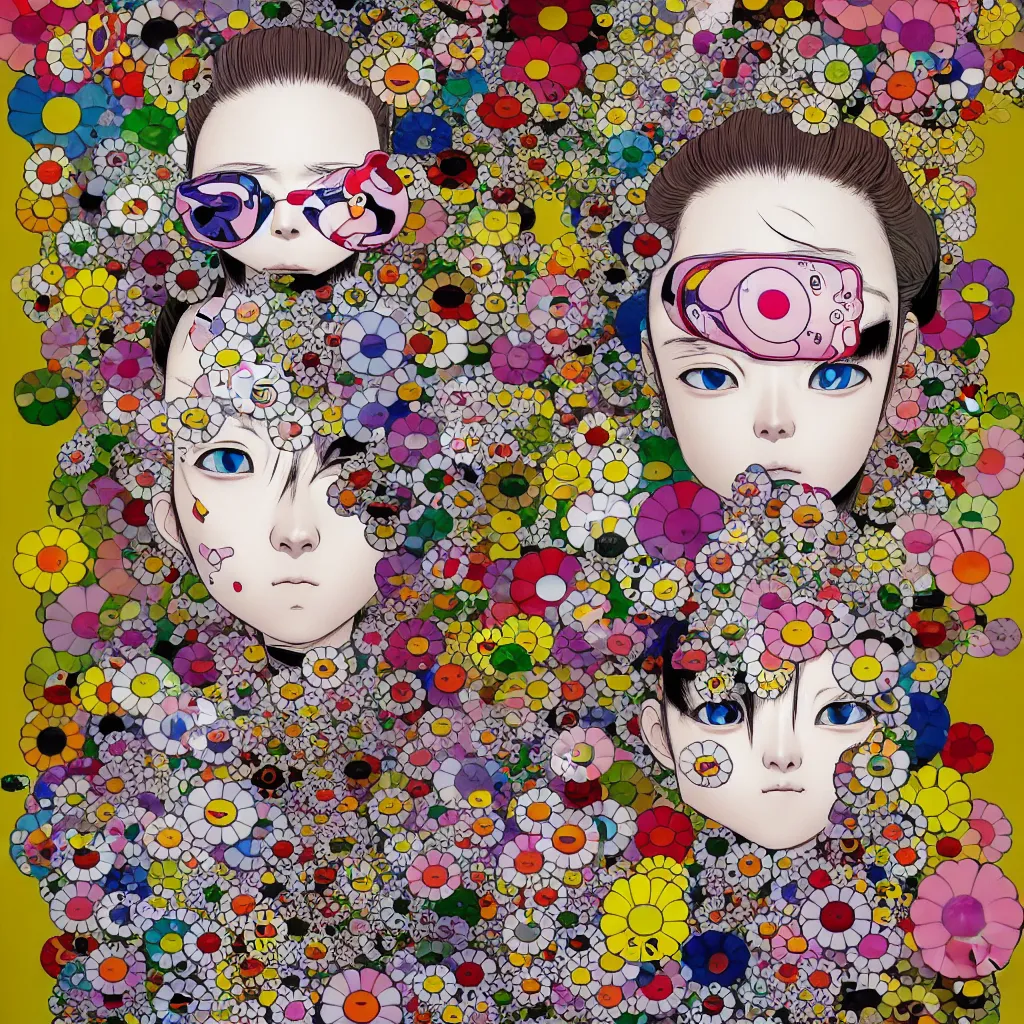 Image similar to prompt: Fragile portrait of singular persona covered with random flowers illustrated by Katsuhiro Otomo, inspired by Takashi Murakami and 1990 anime, smaller cable and cyborg parts as attributes, eyepatches, illustrative style, intricate oil painting detail, manga and anime 1990