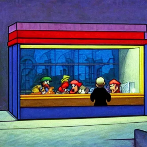 Image similar to nighthawks by hopper, but with super mario characters