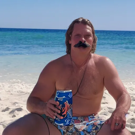 Image similar to a white male beach bum with a mustache drinking a busch beer sitting on a throne on the death star