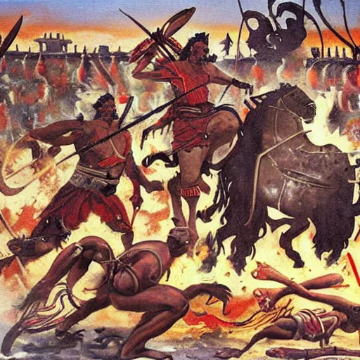 Image similar to aztecs destroy rome, epic painting