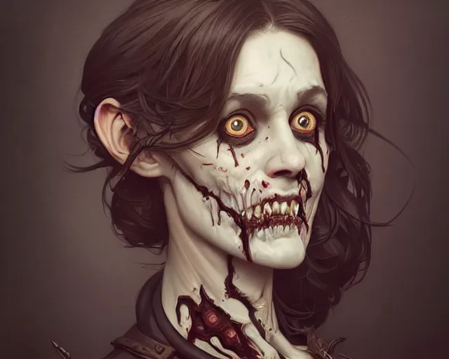 Image similar to formal portrait of a zombie. they are an animal trainer, and would like to be portrayed crouching in an attic room, deep focus, d & d, fantasy, intricate, elegant, highly detailed, digital painting, artstation, concept art, matte, sharp focus, illustration, hearthstone, art by artgerm and greg rutkowski and alphonse mucha