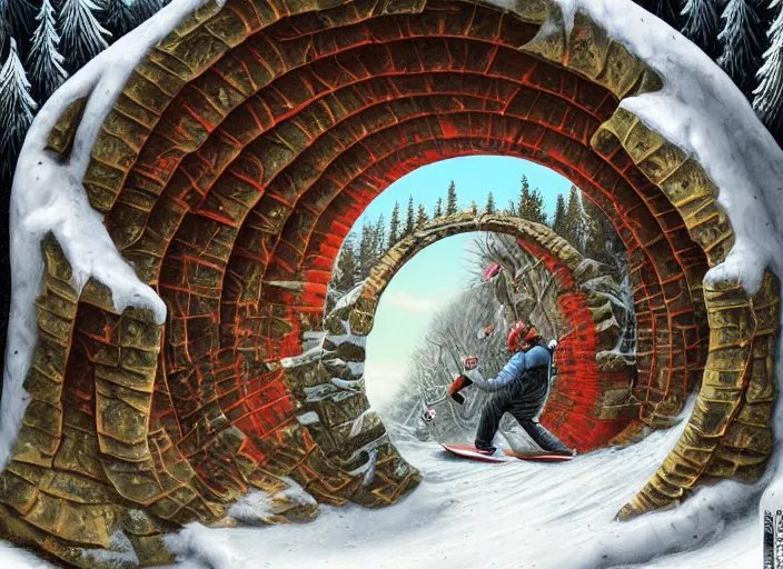 Image similar to a snowboard downhill with a portal to another dimension on the end, lowbrow, matte painting, 3 - d highly detailed, in the style of mark ryden,