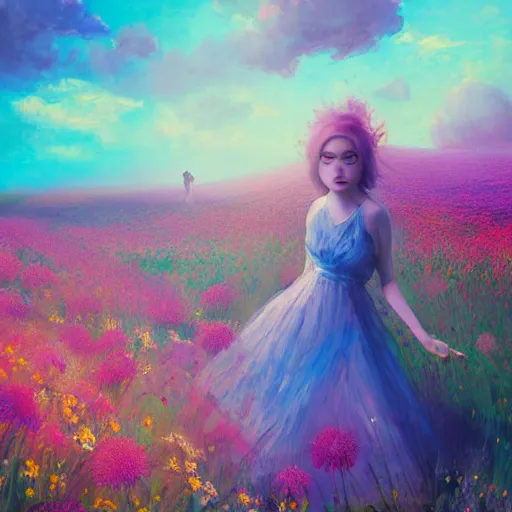 Image similar to girl with an blooming flower face, surreal photography, dream, standing in flower field, magical, in a valley, sunrise dramatic light, impressionist painting, colorful clouds, artstation, simon stalenhag, flower face