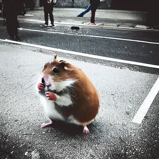 Image similar to “ hamster dressed as a homeless person sitting at an intersection with arms stretched out holding a tin can ”