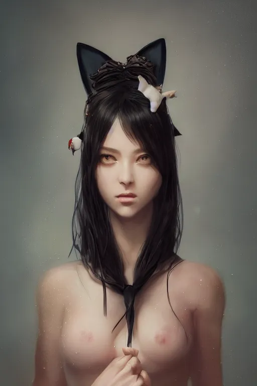 Prompt: A fancy portrait of an attractive hybrid women with cat ears by Greg Rutkowski, beeple, Sung Choi, Mitchell Mohrhauser, Maciej Kuciara, Johnson Ting, Maxim Verehin, Peter Konig, final fantasy, macro lens , 8k photorealistic, cinematic lighting, HD, high details, dramatic, dark atmosphere, trending on artstation