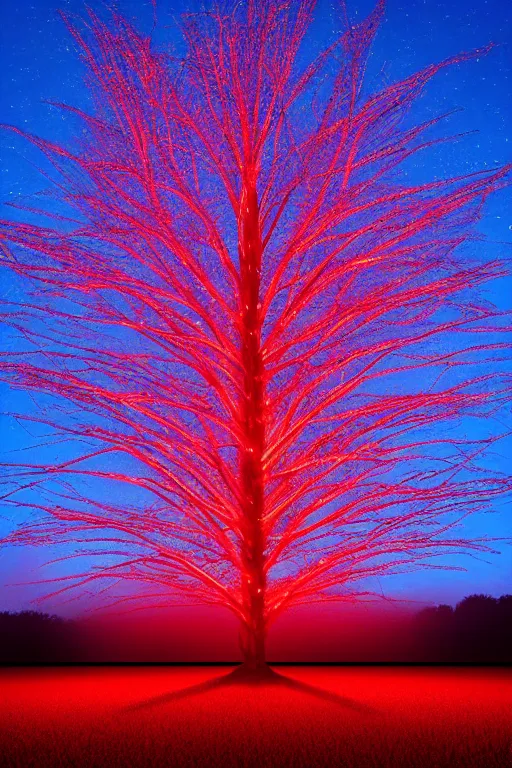 Image similar to A giant glowing red tree made out of light in the center of a corn field blasting off into space, 8K UHD, blue color scheme