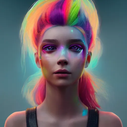 Prompt: portrait of a young female human with rainbow hair and light skin open eyes fantasy artwork epic detailed and intricate digital painting trending on artstation by wlop octane render