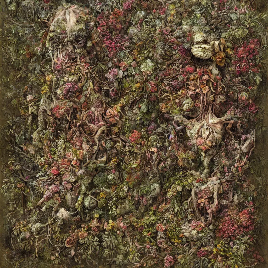 Image similar to a hyper detailed fine painting of a monster made of woods herbs flowers and plants, horror surrealism