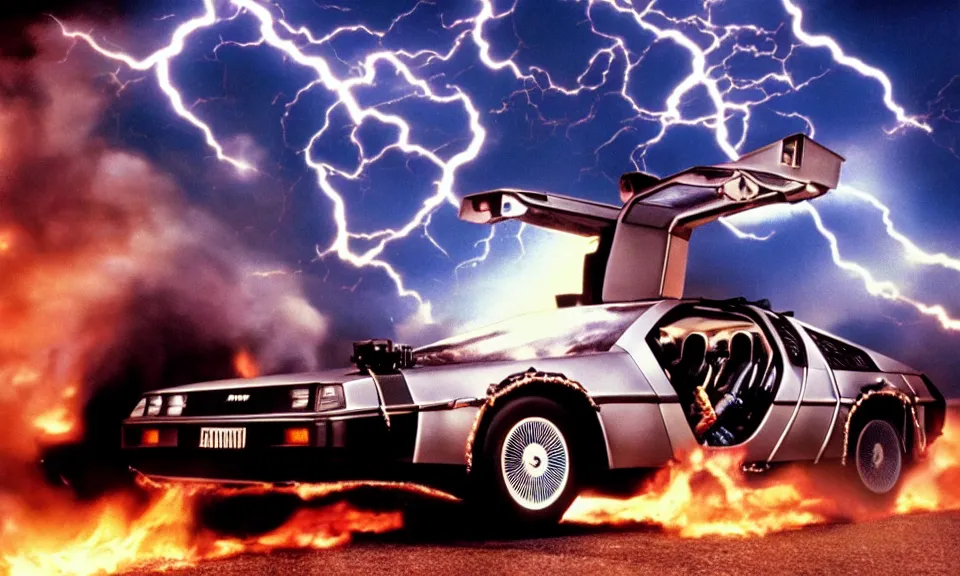 Image similar to scene from back to the future, delorean from back to the future driving very fast, lightning around the car, fire on the road, driving through a portal, motion blur