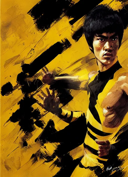 Image similar to bruce lee as a yellow and black stripes luxurious power ranger by greg rutkowski, claude monet, conrad roset, takato yomamoto, rule of thirds, sigma look, beautiful